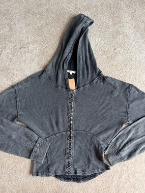 Oli & Hali Charcoal Waffle-Knit Hoodie Corset Sweatshirt